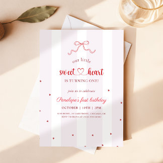 Little Sweetheart Red Bow Ribbon First Birthday Invitation