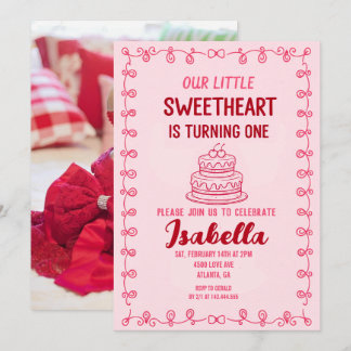 Little Sweetheart Valentine 1st Birthday Cake  Invitation
