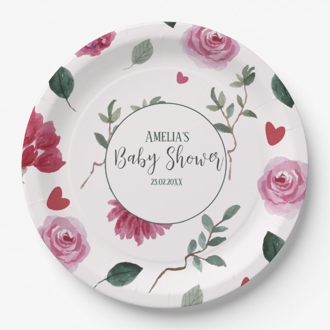 Little sweetheart valentine pink & red baby shower paper plate (Front)