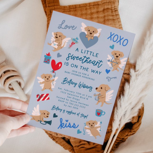 Little Sweetheart Valentine Puppy Baby Shower Blue Invitation (Creator Uploaded)