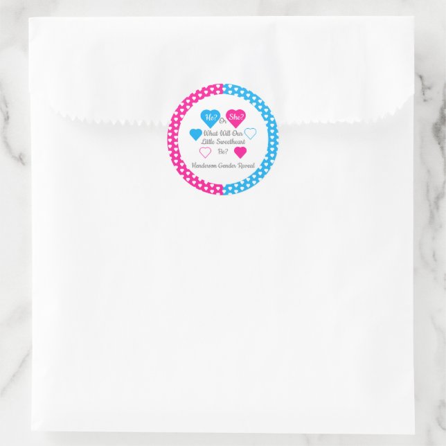 Little Sweetheart Valentine's Day Gender Reveal Classic Round Sticker (Bag)