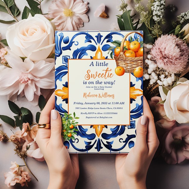 Little Sweetie Blue Tile Orange Citrus Baby Shower Invitation (Creator Uploaded)
