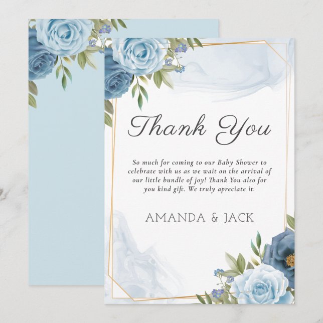 Little Sweetie Elegant Blue Botanical Baby Shower Thank You Card (Front/Back)