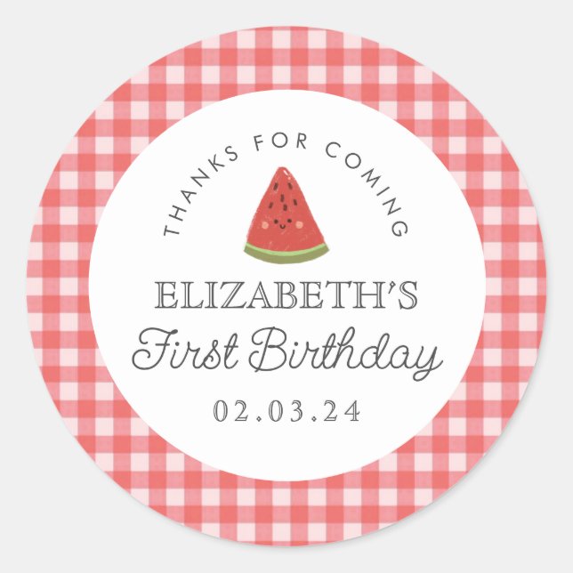 Little sweetie Watermelon  First Birthday Classic Round Sticker (Front)