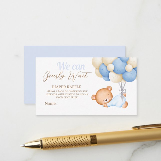 Little Teddy Balloon Baby Boy Shower Diaper Raffle Enclosure Card (Front/Back In Situ)