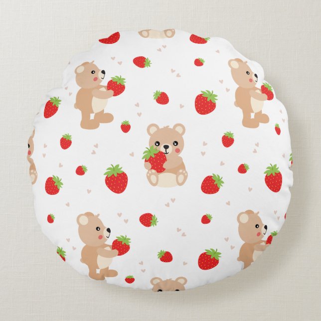 Little teddy bear with berry round pillow (Front)
