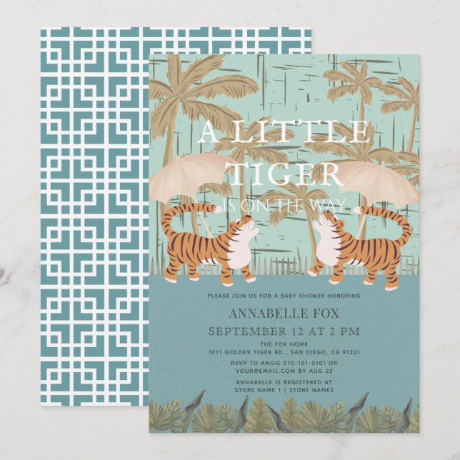 Little Tiger chinoiserie Chic Blue Baby Shower Invitation (Front/Back)