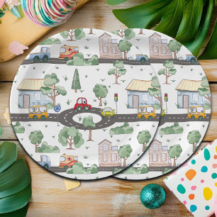 Little Town & Cars Colourful Pattern Paper Plate