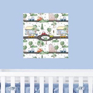 Little Town & Cars Colourful Pattern Poster