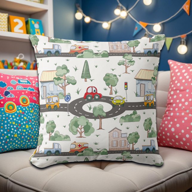 Little Town & Cars Colourful Pattern Throw Pillow (Creator Uploaded)