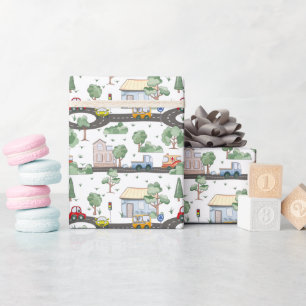 Little Town & Cars Colourful Pattern   Wrapping Paper