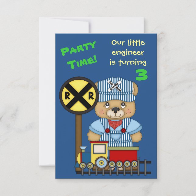 Little Train Engineer Teddy Bear Birthday Party Invitation (Front)