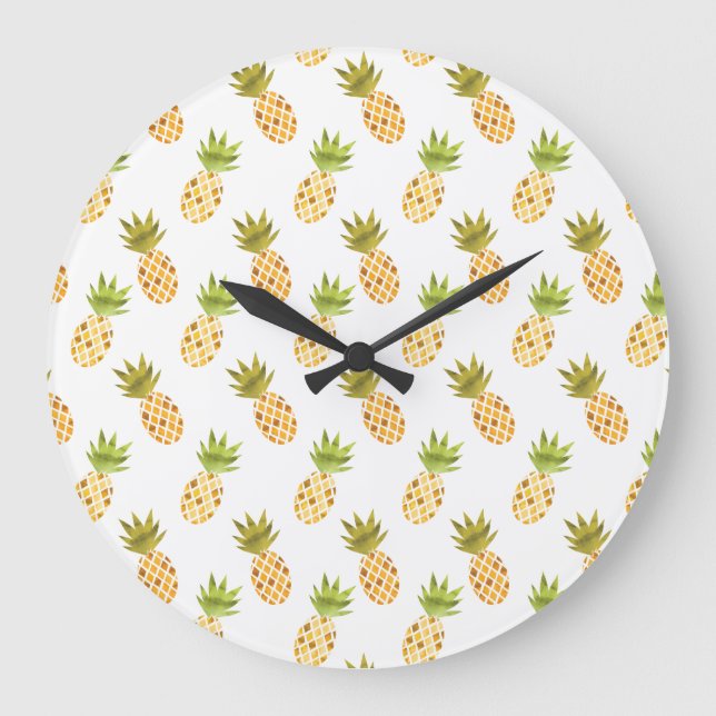 Little Tropical Watercolor Pineapple Pattern Large Clock (Front)