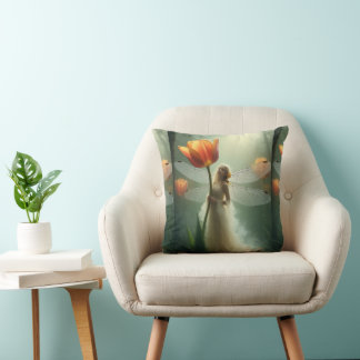 Little Tulip Fairy in delicate flowing clothes Throw Pillow