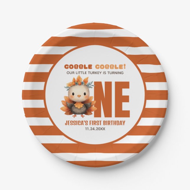 Little Turkey Gobble Thanksgiving 1st Birthday Paper Plate (Front)