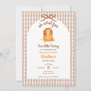 Little Turkey Pumpkin Gingham Birthday Invitation