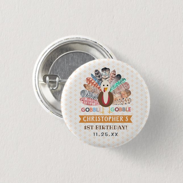 Little Turkey Thanksgiving Any Age Birthday Party 1 Inch Round Button (Front & Back)
