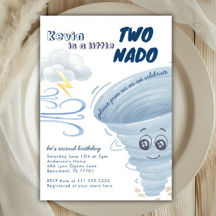Little Twonado Cute Tornado 2nd Boy Blue Birthday  Invitation
