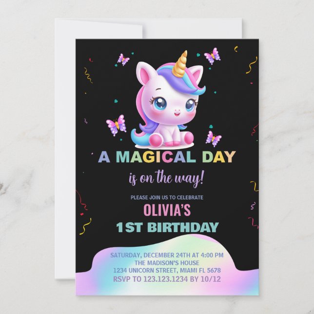 Little Unicorn Rainbow Birthday Invitations (Front)