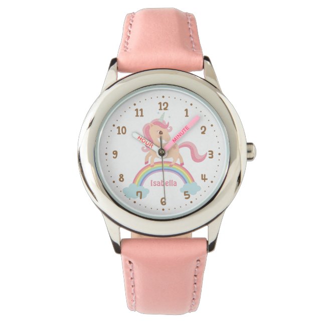 Little Unicorn with Star on Rainbow Pink Watch (Front)