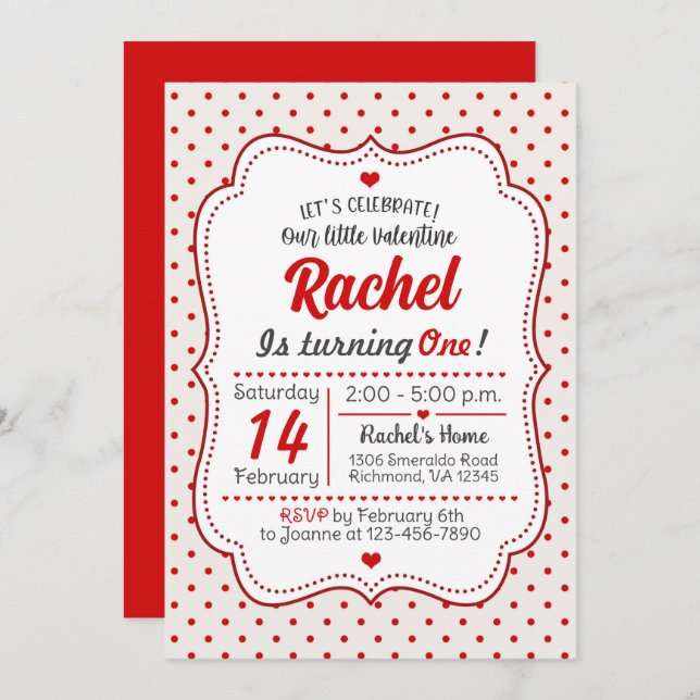Little Valentine First Birthday Invitation (Front/Back)