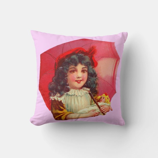 little Victorian girl and her doll Throw Pillow (Front)