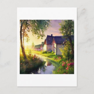 little village by a stream   postcard