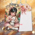 Little Vintage Girl in Pink with Kitten Christmas Gift Tags<br><div class="desc">Pretty Christmas vintage gift tags. A watercolor illustration of a vintage little girl playing with a little white kitten on Christmas morning. Lots of pretty pink elements.</div>