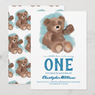 Little Watercolor Bear Cute Animal First Birthday Invitation