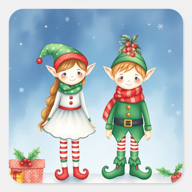 Little Watercolor Christmas Elves Square Sticker (Front)