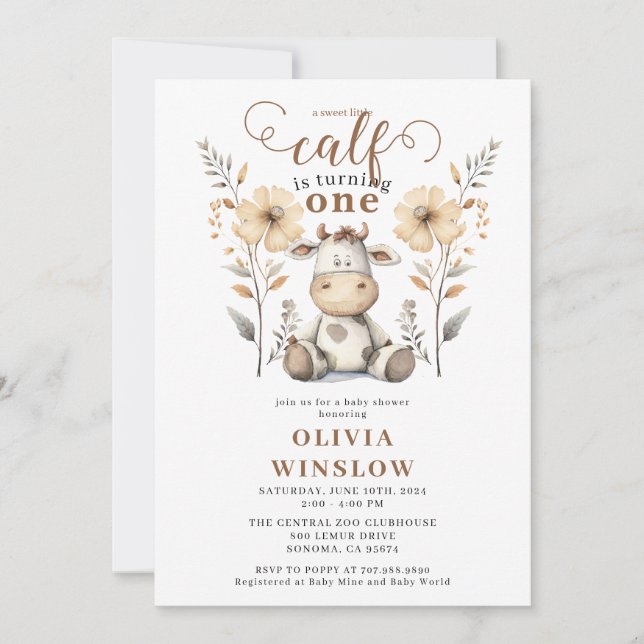 Little Watercolor Farm Calf 1st Birthday Invitation (Front)