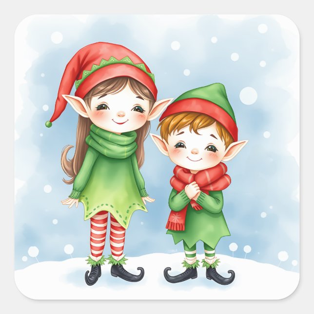 Little Whimsical Christmas Elves Square Sticker (Front)