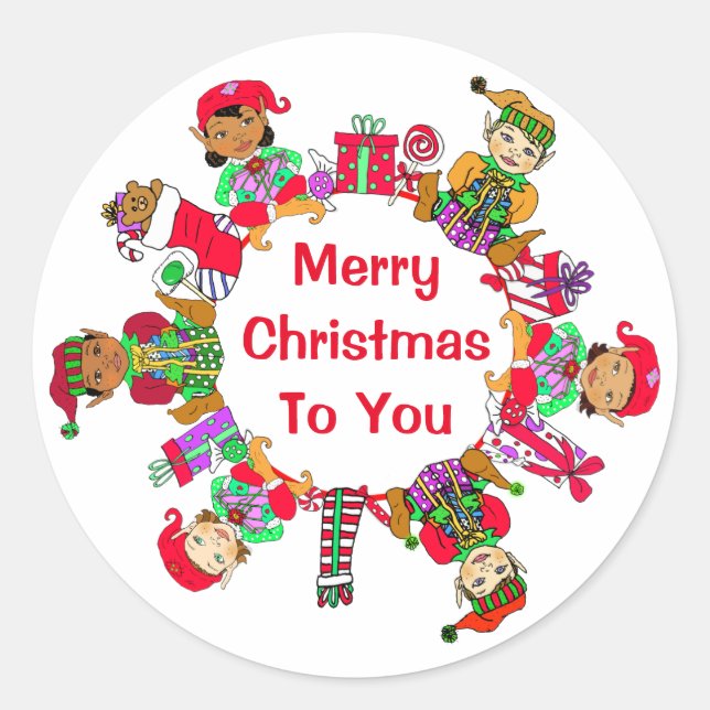 Little Whimsical Elves Festive Holiday Classic Round Sticker (Front)