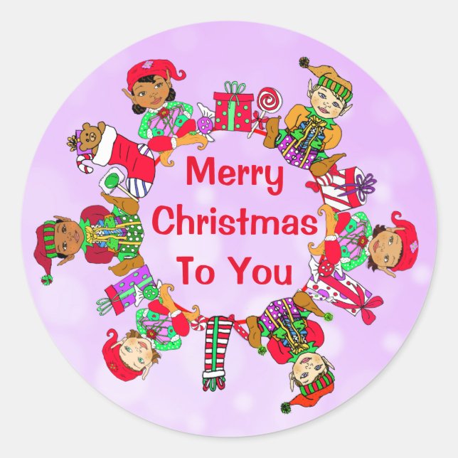 Little Whimsical Elves Festive Holiday Classic Round Sticker (Front)