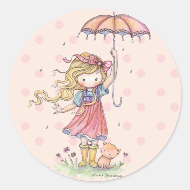 Little Whimsical Girl and Kitten in the Rain Classic Round Sticker (Front)