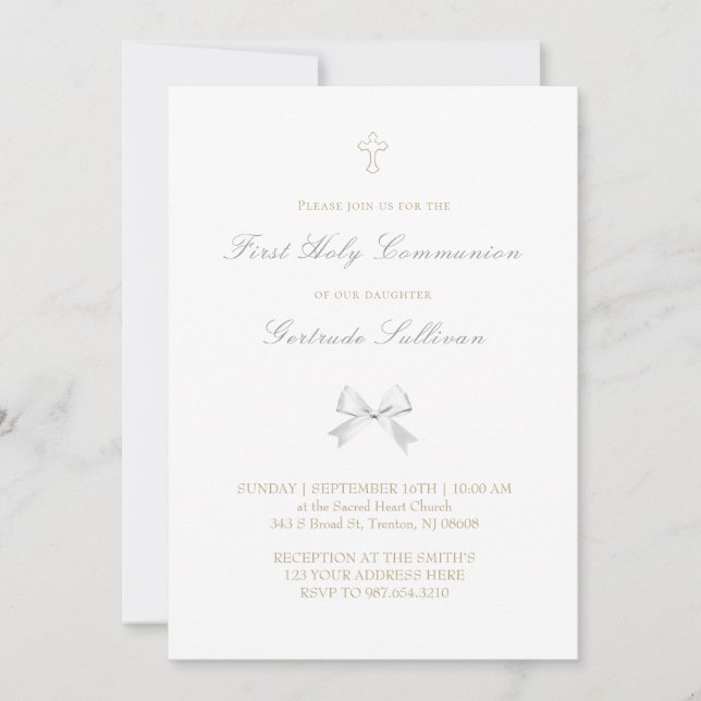 little white bow First Holy Communion Invitation (Front)
