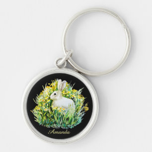 Little white bunny and flowers keychain