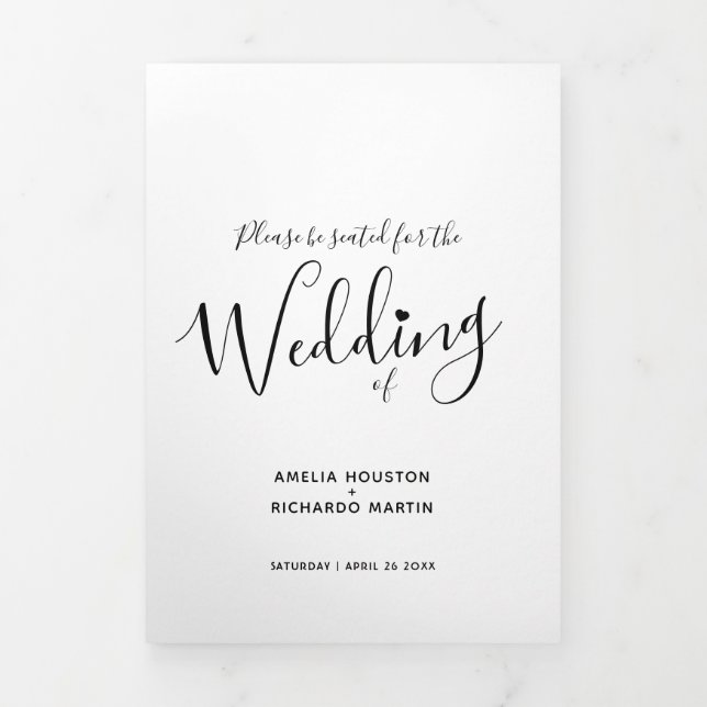 Little white heart script black white mono wedding Tri-Fold programme (Cover)
