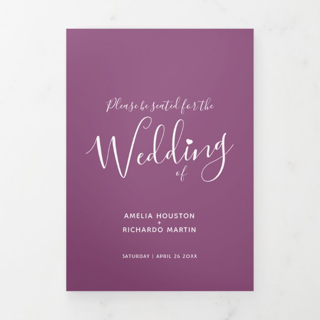 Little white heart script mulberry white wedding Tri-Fold programme (Cover)