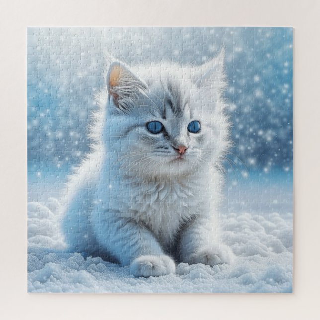 Little White Kitten in Snow Christmas Jigsaw Puzzle (Vertical)