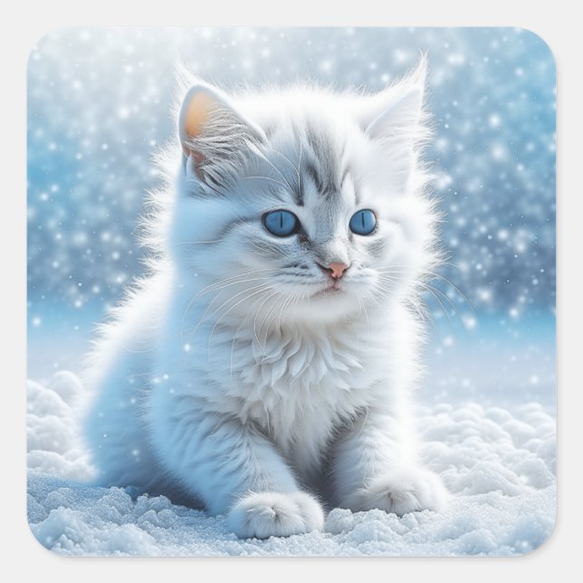Little White Kitten in Snow Christmas Square Sticker (Front)