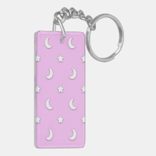 Little White Stars and Moons on Pink Keychain