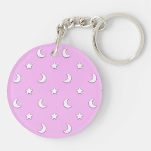 Little White Stars and Moons on Pink Keychain