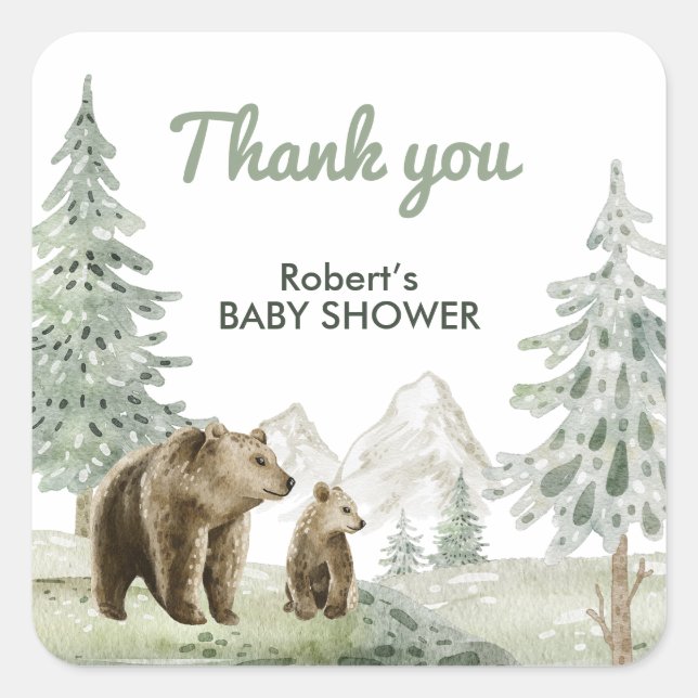 Little wild baby bear forest baby shower card square sticker (Front)