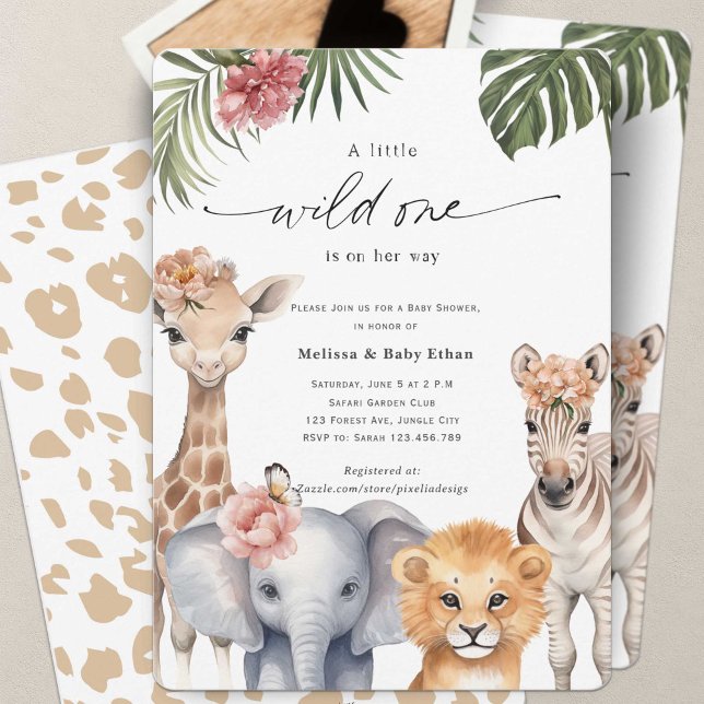 Little Wild One Safari Baby Animals Baby Girl Show Invitation (Wild One Safari Baby Animals, Baby Girl Shower. A wild One is on Her way, A Cute Baby Shower invite.)