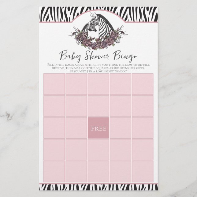 Little Wild One Zebra Safari Baby Shower Bingo (Front)
