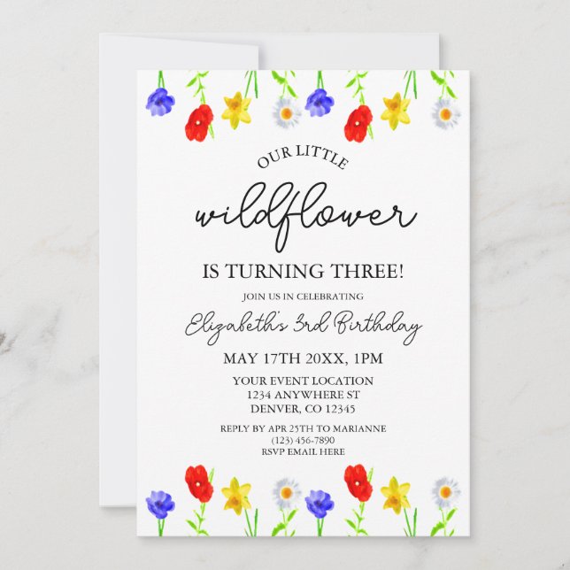 Little Wildflower 3rd Birthday Invitation (Front)
