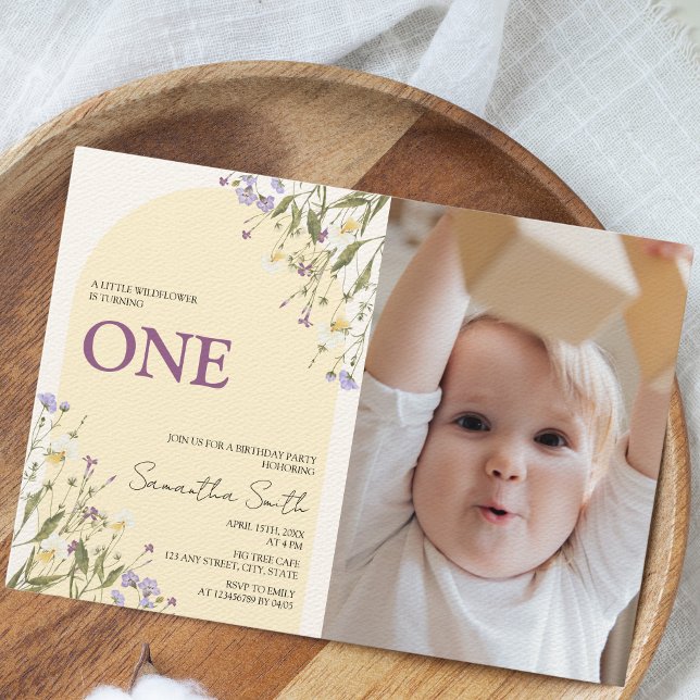 Little Wildflower Aesthetic 1st Birthday Photo Invitation (Photo Little Wildflower 1st birthday invitation)
