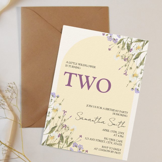 Little Wildflower Aesthetic Girl's 2nd Birthday Invitation (Little wildflower is turning two, 2nd birthday girl invitation)