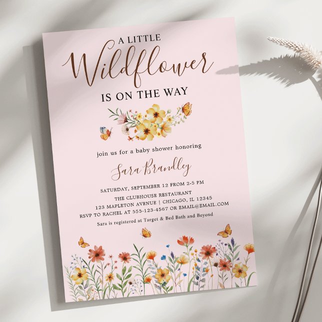 Little Wildflower Boho Watercolor Baby Shower Invitation (Little Wildflower Is on the way Soft Pink Boho Watercolor Wildflowers  Baby Shower Invitation)